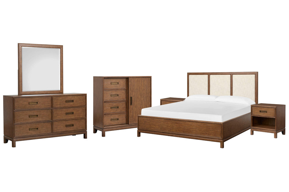 Magnussen - Ridgefield Russet California King Upholstered Panel Bed 2 Open Nightstands Double Drawer Dresser With Landscape Mirror And Door Chest - B6436-75-KIT11 view 1