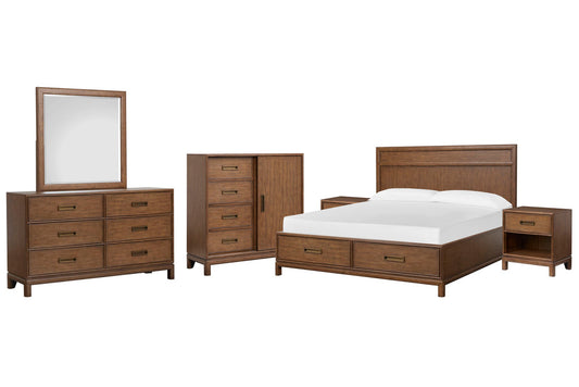 Magnussen - Ridgefield Russet King Panel Storage Bed 2 Open Nightstands Double Drawer Dresser With Landscape Mirror And Door Chest - B6436-64A-KIT11 view 1