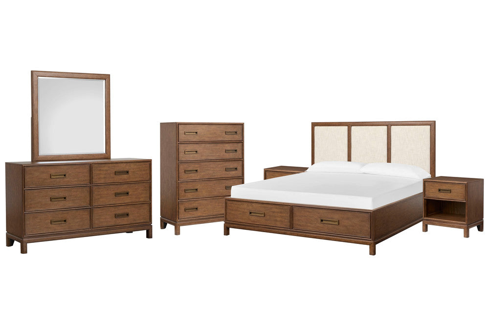 Magnussen - Ridgefield Russet King Upholstered Panel Storage Bed 2 Open Nightstands Double Drawer Dresser With Landscape Mirror And Drawer Chest - B6436-65A-KIT10 view 1