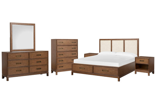 Magnussen - Ridgefield Russet King Upholstered Panel Storage Bed 2 Open Nightstands Double Drawer Dresser With Landscape Mirror And Drawer Chest - B6436-65A-KIT10 view 1