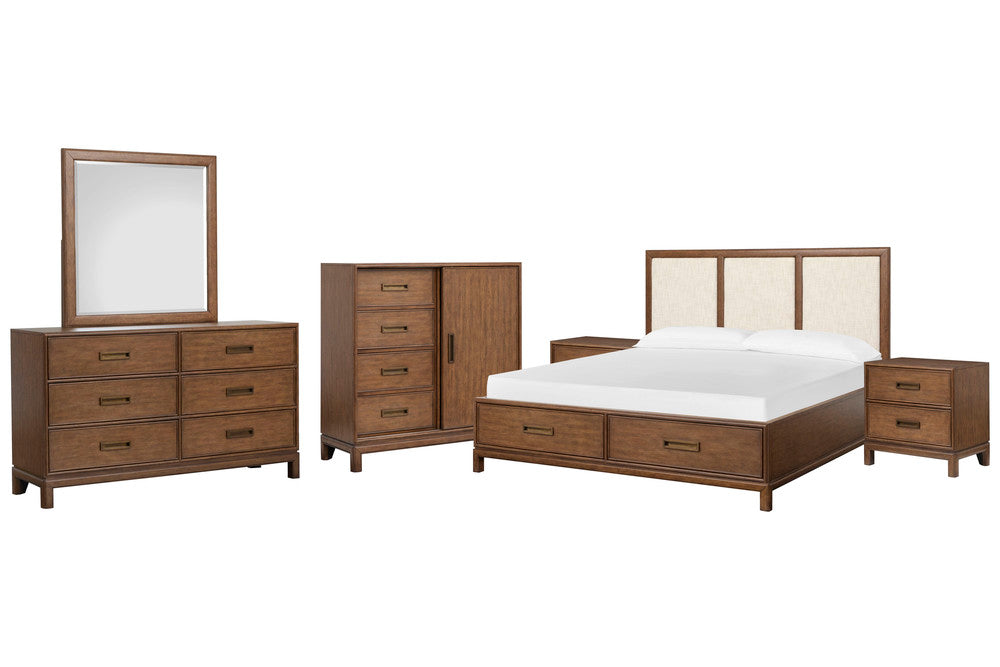 Magnussen - Ridgefield Russet Queen Upholstered Panel Storage Bed 2 Nightstands Double Drawer Dresser With Landscape Mirror And Door Chest - B6436-55A-KIT6 view 1