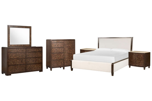 Magnussen - Rowan Espresso Queen Upholstered Panel Bed 2 Door Nightstands Drawer Dresser With Landscape Mirror And Door Chest - B5769-55-KIT11 view 1