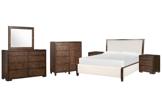 Magnussen - Rowan Espresso Queen Upholstered Panel Bed 2 Nightstands Drawer Dresser With Landscape Mirror And Door Chest - B5769-55-KIT6 view 1