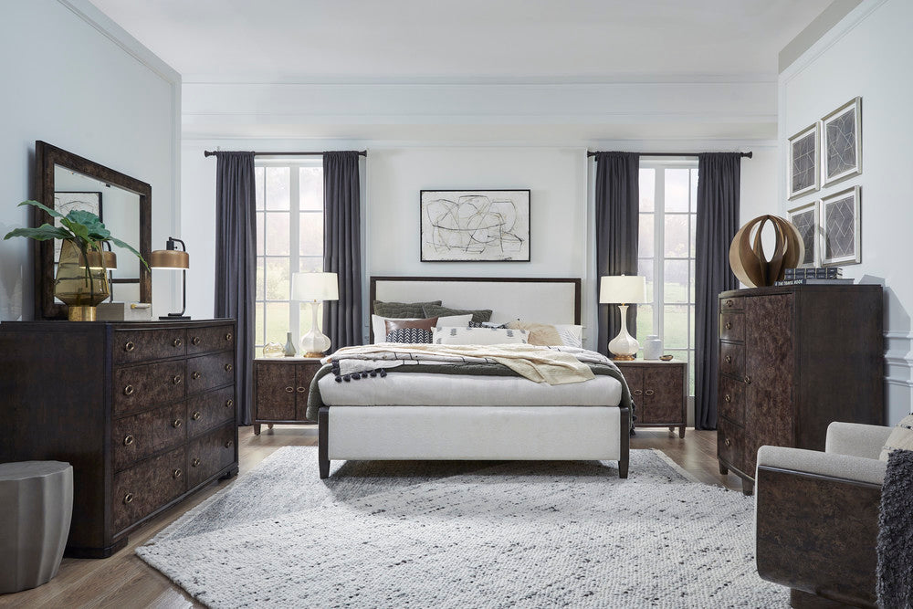 Magnussen - Rowan Espresso Queen Upholstered Panel Bed 2 Nightstands Drawer Dresser With Landscape Mirror And Door Chest - B5769-55-KIT6 view 12