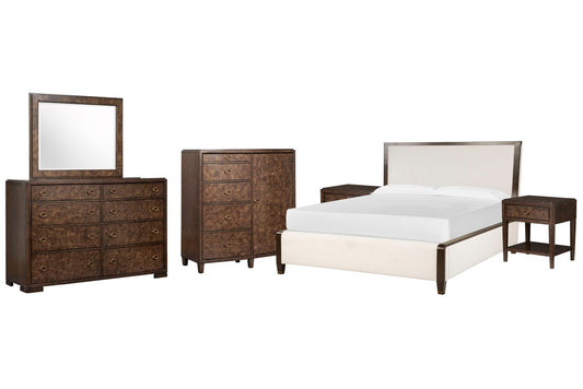 Magnussen - Rowan Espresso Queen Upholstered Panel Bed 2 Open Nightstands Drawer Dresser With Landscape Mirror And Door Chest - B5769-55-KIT16 view 1