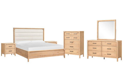 Magnussen - Somerset Butternut California King Upholstered Panel Bed 2 Nightstands Drawer Dresser With Landscape Mirror And Drawer Chest - B5684-75-KIT5 view 1