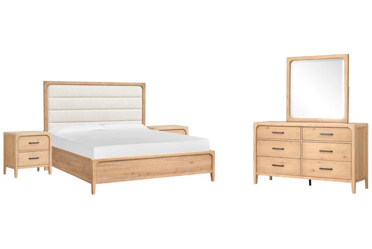 Magnussen - Somerset Butternut Queen Upholstered Panel Bed 2 Nightstands And Drawer Dresser With Landscape Mirror - B5684-55-KIT4 view 1