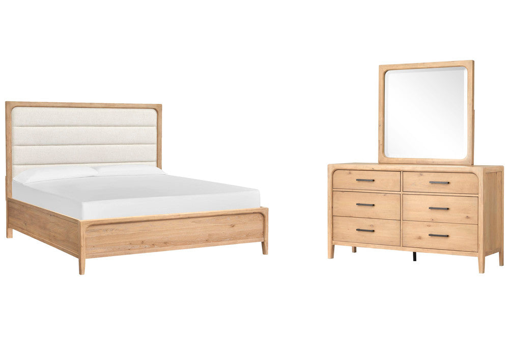 Magnussen - Somerset Butternut Queen Upholstered Panel Bed And Drawer Dresser With Landscape Mirror - B5684-55-KIT3 view 1