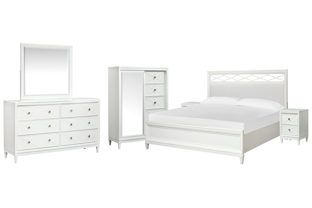 Magnussen - Springhouse Whisper White King Upholstered Panel Bed 2 Nightstands Double Drawer Dresser With Landscape Mirror And Door Chest - B5993-65-KIT6 view 1