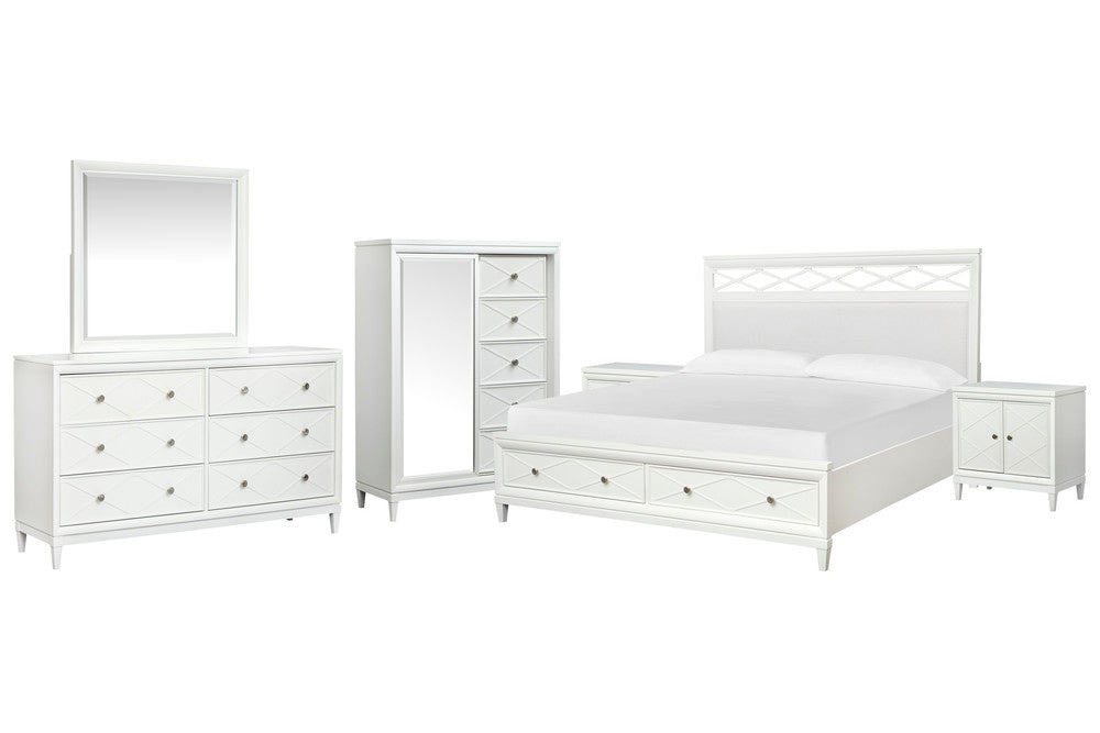 Magnussen - Springhouse Whisper White King Upholstered Panel Storage Bed 2 Door Nightstands Double Drawer Dresser With Landscape Mirror And Door Chest - B5993-65A-KIT11 view 1