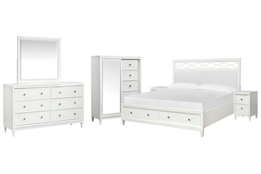 Magnussen - Springhouse Whisper White Queen Upholstered Panel Storage Bed 2 Nightstands Double Drawer Dresser With Landscape Mirror And Door Chest - B5993-55A-KIT6 view 1