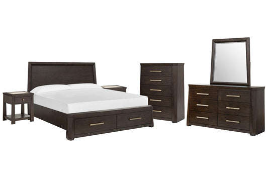 Magnussen - Tauren Coffee Bean Cal.King Panel Storage Bed 2 Open Nightstands Double Drawer Dresser With Shaped Mirror And Drawer Chest - B6434-74A-KIT9 view 1