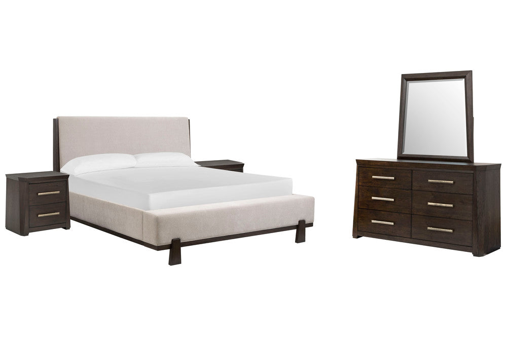 Magnussen - Tauren Coffee Bean Queen Upholstered Panel Bed 2 Nightstands And Double Drawer Dresser With Shaped Mirror - B6434-55-KIT4 view 1