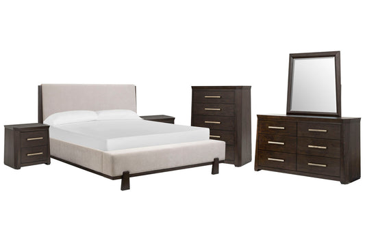 Magnussen - Tauren Coffee Bean Queen Upholstered Panel Bed 2 Nightstands Double Drawer Dresser With Shaped Mirror And Drawer Chest - B6434-55-KIT5 view 1