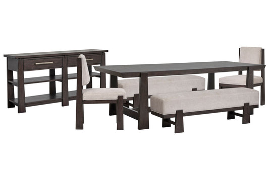 Magnussen - Tauren Coffee Bean Trestle Dining Table With 2 Benches 2 Upholstered Side Chairs And Sideboard - D6434-21-KIT50 view 1