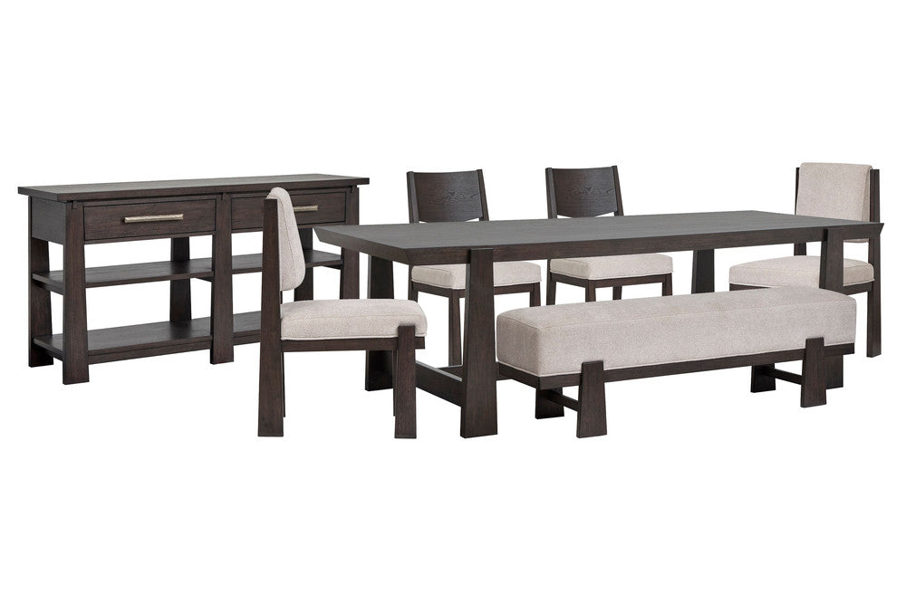 Magnussen - Tauren Coffee Bean Trestle Dining Table With 2 Side Chairs 2 Upholstered Side Chairs Bench And Sideboard - D6434-21-KIT41 view 1