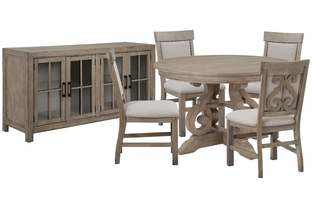 Magnussen - Tinley Park Dove Tail Grey 48" Round Dining Table With 4 Upholstered Side Chairs And Buffet Curio Cabinet - D4646-22-KIT8 view 1