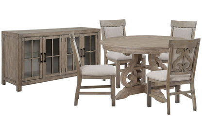 Magnussen - Tinley Park Dove Tail Grey 48" Round Dining Table With 4 Upholstered Side Chairs And Buffet Curio Cabinet - D4646-22-KIT8 view 1