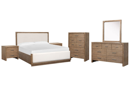 Magnussen - Westbourne Dark Umber King Upholstered Panel Bed 2 Nightstands Drawer Dresser With Portrait Mirror And Drawer Chest - B5888-65-KIT5 view 1