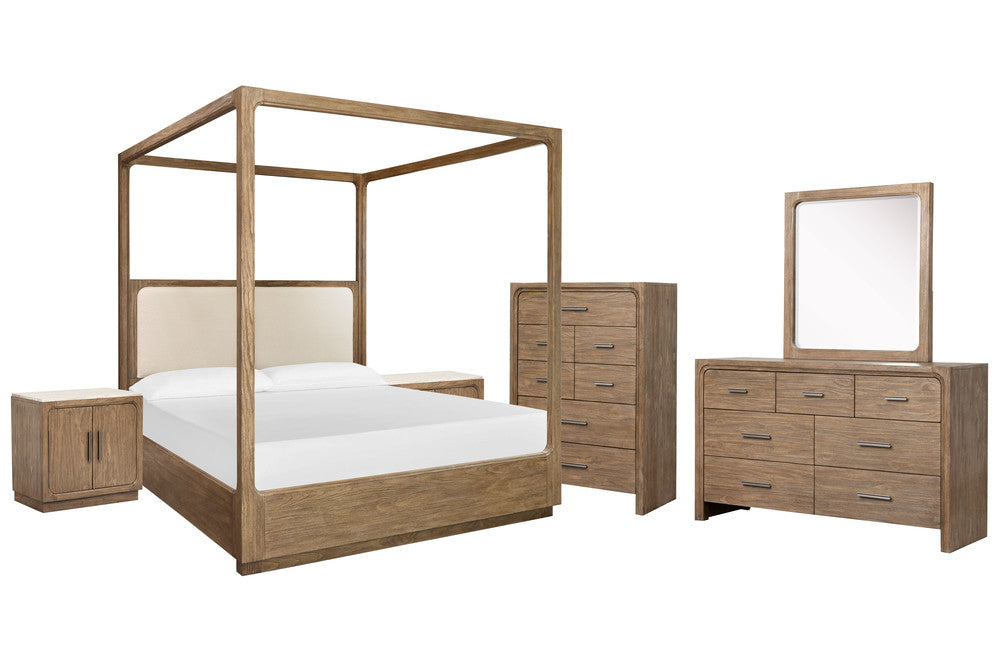 Magnussen - Westbourne Dark Umber Queen Upholstered Poster Bed 2 Door Nightstands Drawer Dresser With Portrait Mirror And Drawer Chest - B5888-56-KIT10 view 1