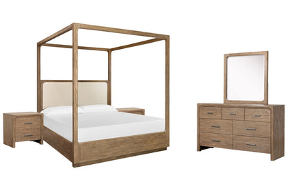Magnussen - Westbourne Dark Umber Queen Upholstered Poster Bed 2 Nightstands And Drawer Dresser With Portrait Mirror - B5888-56-KIT4 view 1