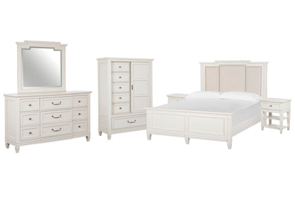 Magnussen - Willowbrook Egg Shell White Queen Panel Upholstered Bed 2 Open Nightstands Drawer Dresser With Landscape Mirror And Door Chest - B5324-55-KIT11 view 1