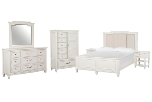 Magnussen - Willowbrook Egg Shell White Queen Panel Upholstered Bed 2 Open Nightstands Drawer Dresser With Landscape Mirror And Door Chest - B5324-55-KIT11 view 1