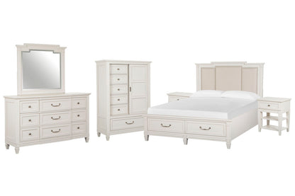 Magnussen - Willowbrook Egg Shell White Queen Panel Upholstered Storage Bed 2 Open Nightstands Drawer Dresser With Landscape Mirror And Door Chest - B5324-55A-KIT11 view 1