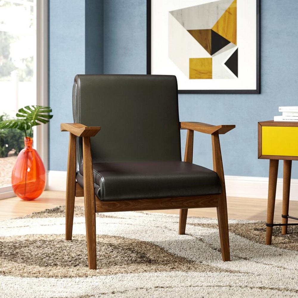Manhattan Comfort - 1-Piece ArchDuke Faux Leather Loveseat and Armchair with Beech Wood Legs in Black and Amber - 2-LSAC01-BK veiw 8