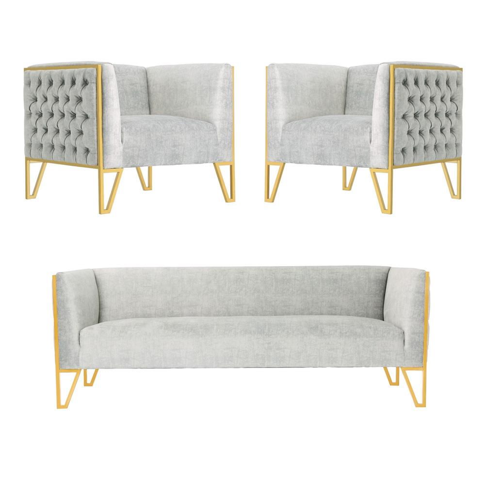 Manhattan Comfort - 3-Piece Vector Velvet Sofa and Arm Chair Set with Metal Legs in Grey and Gold - 3-SS548-GY veiw 1