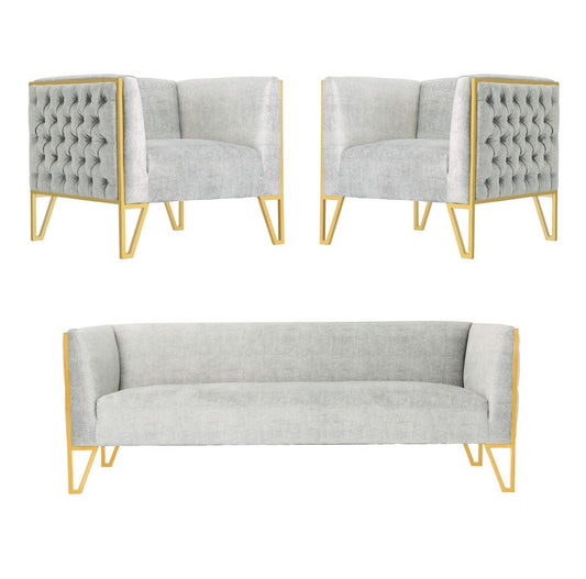Manhattan Comfort - 3-Piece Vector Velvet Sofa and Arm Chair Set with Metal Legs in Grey and Gold - 3-SS548-GY veiw 1