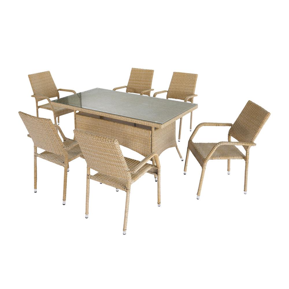 Manhattan Comfort - 7-Piece Genoa Patio 6- Person Dining Set with Iron Steel Legs in Nature Tan Weave - OD-DS002-NE veiw 1