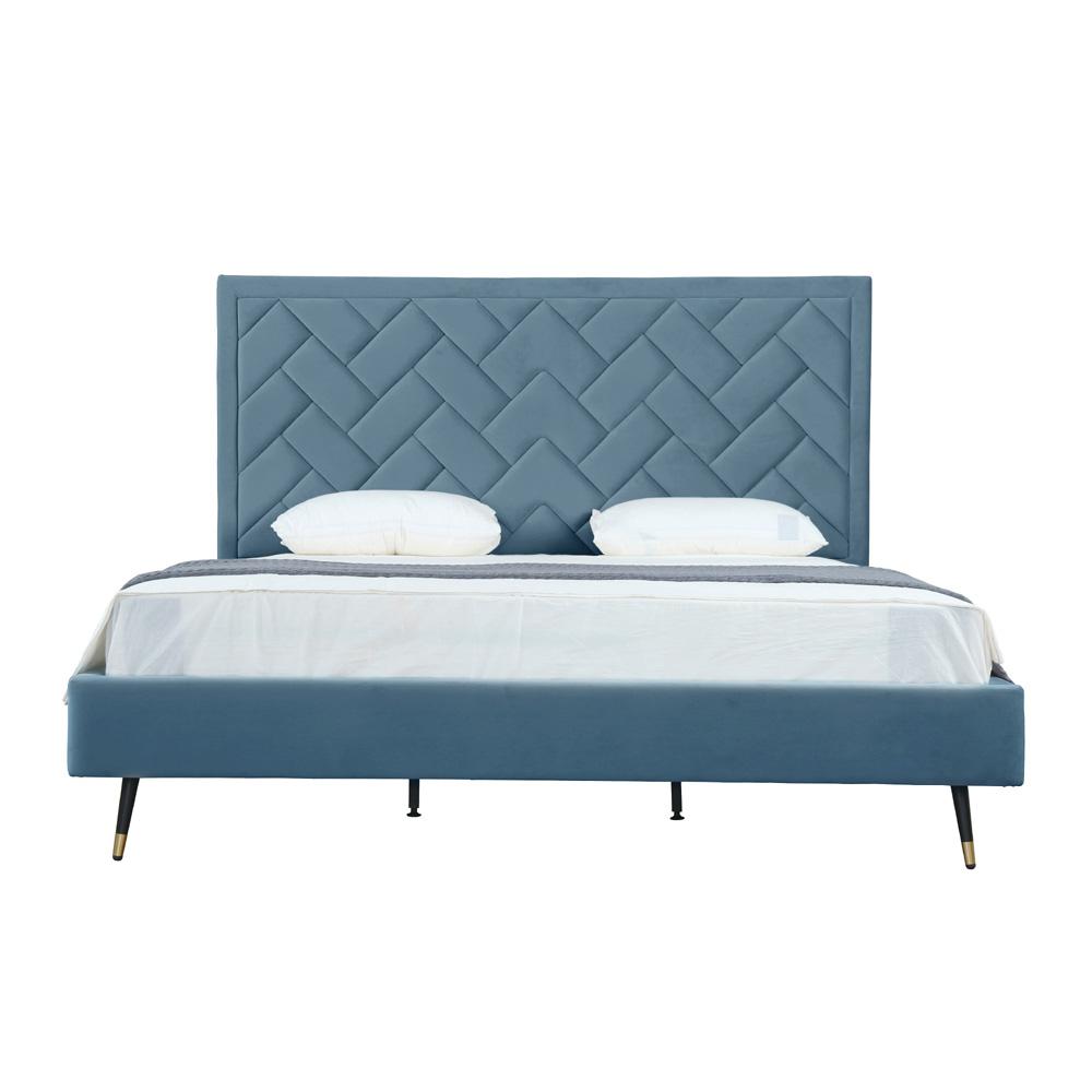 Manhattan Comfort - Crosby Velvet King-Size Bed with Metal Legs in Blue - BD009-KG-BL veiw 1