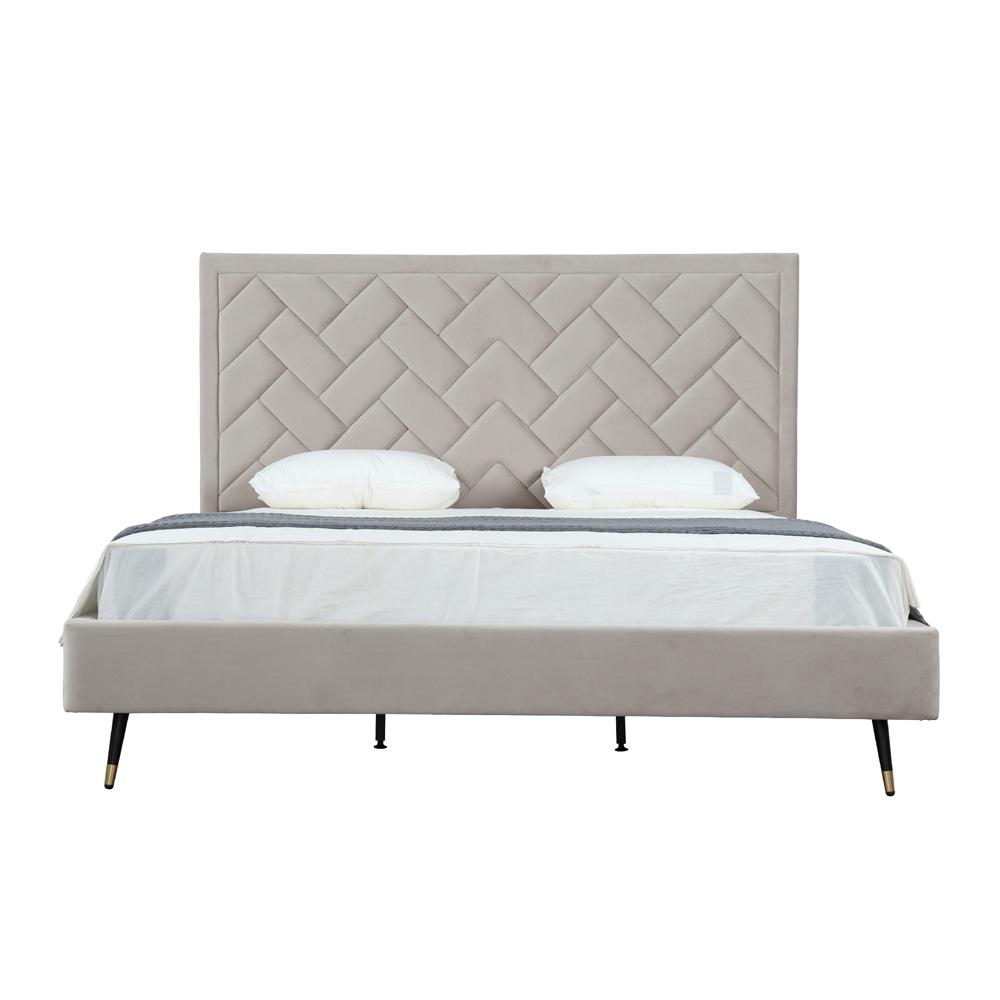 Manhattan Comfort - Crosby Velvet King-Size Bed with Metal Legs in Greige - BD009-KG-GE veiw 1