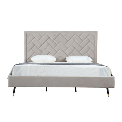 Manhattan Comfort - Crosby Velvet King-Size Bed with Metal Legs in Greige - BD009-KG-GE veiw 1