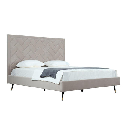 Manhattan Comfort - Crosby Velvet King-Size Bed with Metal Legs in Greige - BD009-KG-GE veiw 2