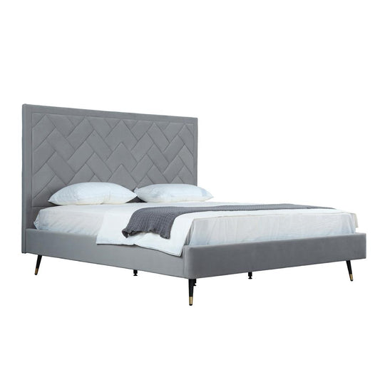 Manhattan Comfort - Crosby Velvet King-Size Bed with Metal Legs in Grey - BD009-KG-GY veiw 2