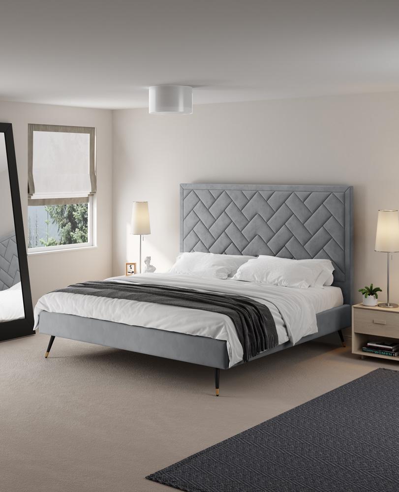Manhattan Comfort - Crosby Velvet King-Size Bed with Metal Legs in Grey - BD009-KG-GY veiw 7