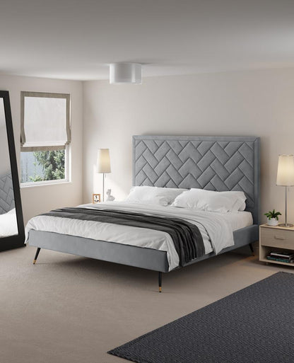 Manhattan Comfort - Crosby Velvet King-Size Bed with Metal Legs in Grey - BD009-KG-GY veiw 7