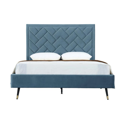Manhattan Comfort - Crosby Velvet Queen-Size Bed with Metal Legs in Blue - BD009-QN-BL veiw 1