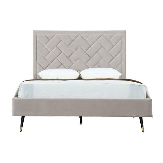 Manhattan Comfort - Crosby Velvet Queen-Size Bed with Metal Legs in Greige - BD009-QN-GE veiw 1
