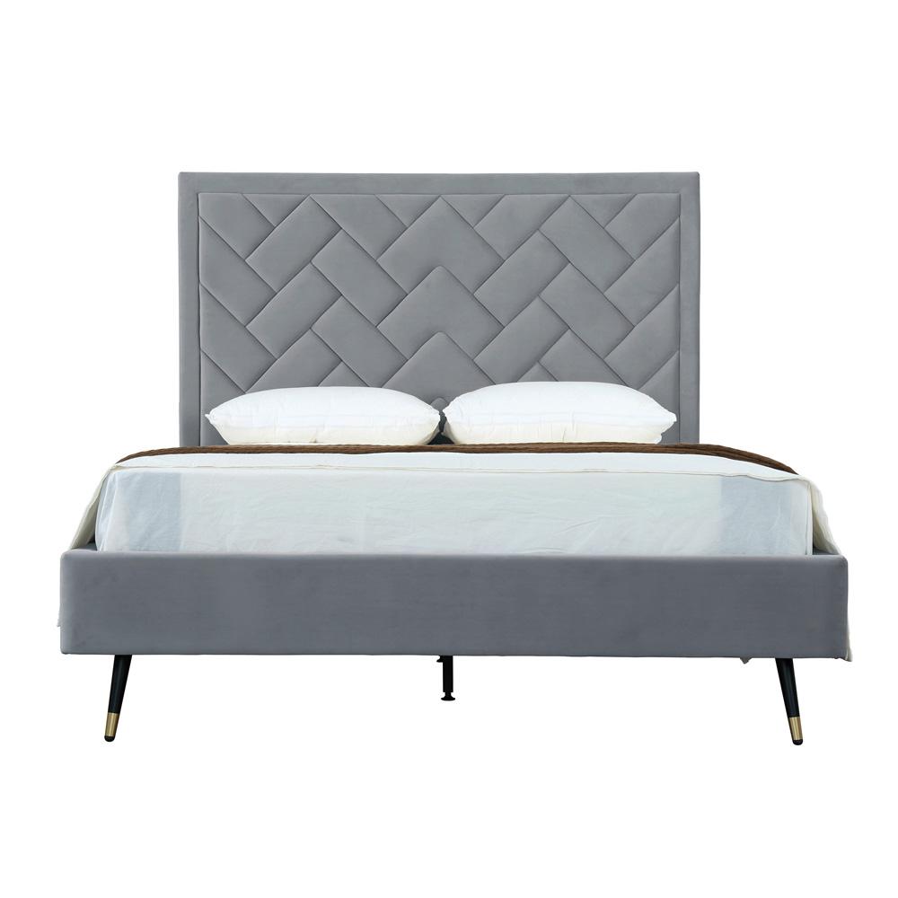 Manhattan Comfort - Crosby Velvet Queen-Size Bed with Metal Legs in Grey - BD009-QN-GY veiw 1