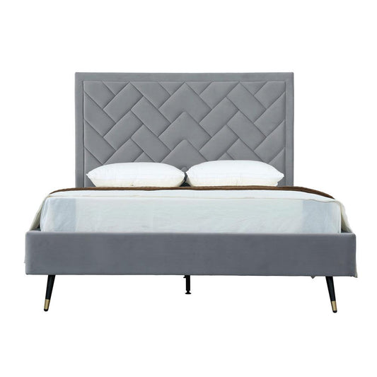 Manhattan Comfort - Crosby Velvet Queen-Size Bed with Metal Legs in Grey - BD009-QN-GY veiw 1