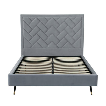 Manhattan Comfort - Crosby Velvet Queen-Size Bed with Metal Legs in Grey - BD009-QN-GY veiw 3