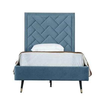 Manhattan Comfort - Crosby Velvet Twin-Size Bed with Metal Legs in Blue - BD009-TW-BL veiw 1