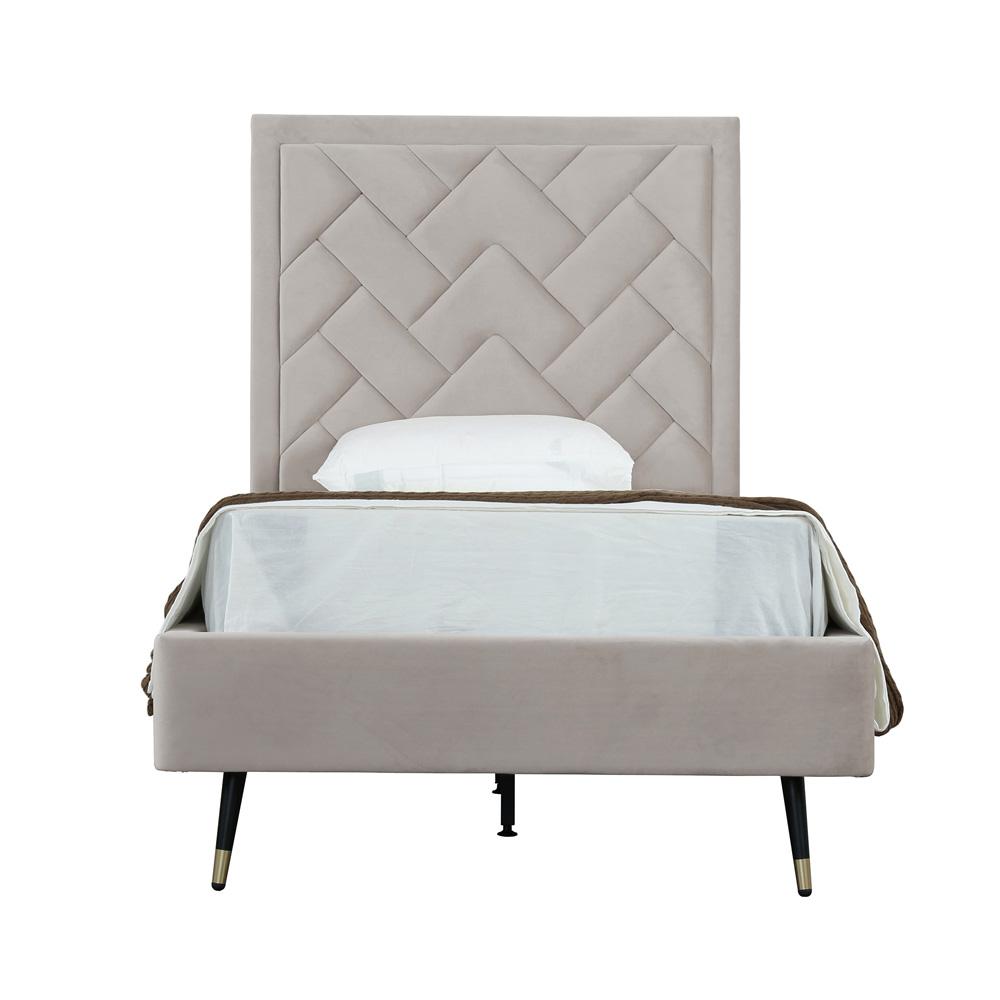 Manhattan Comfort - Crosby Velvet Twin-Size Bed with Metal Legs in Greige - BD009-TW-GE veiw 1