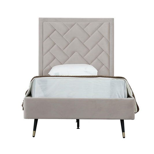 Manhattan Comfort - Crosby Velvet Twin-Size Bed with Metal Legs in Greige - BD009-TW-GE veiw 1