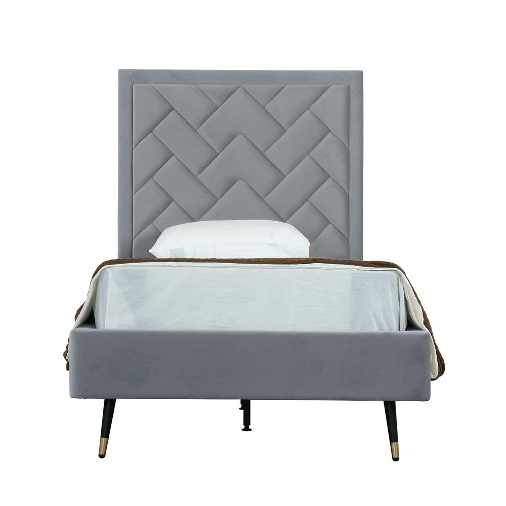 Manhattan Comfort - Crosby Velvet Twin-Size Bed with Metal Legs in Grey - BD009-TW-GY veiw 1