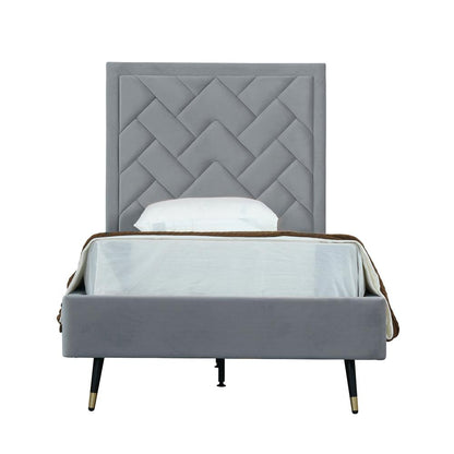 Manhattan Comfort - Crosby Velvet Twin-Size Bed with Metal Legs in Grey - BD009-TW-GY veiw 1