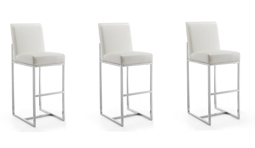 Manhattan Comfort - Element Faux Leather Bar Stool with Stainless Steel Legs in Pearl White and Polished Chrome - Set of 3 - 3-BS010-PW veiw 1